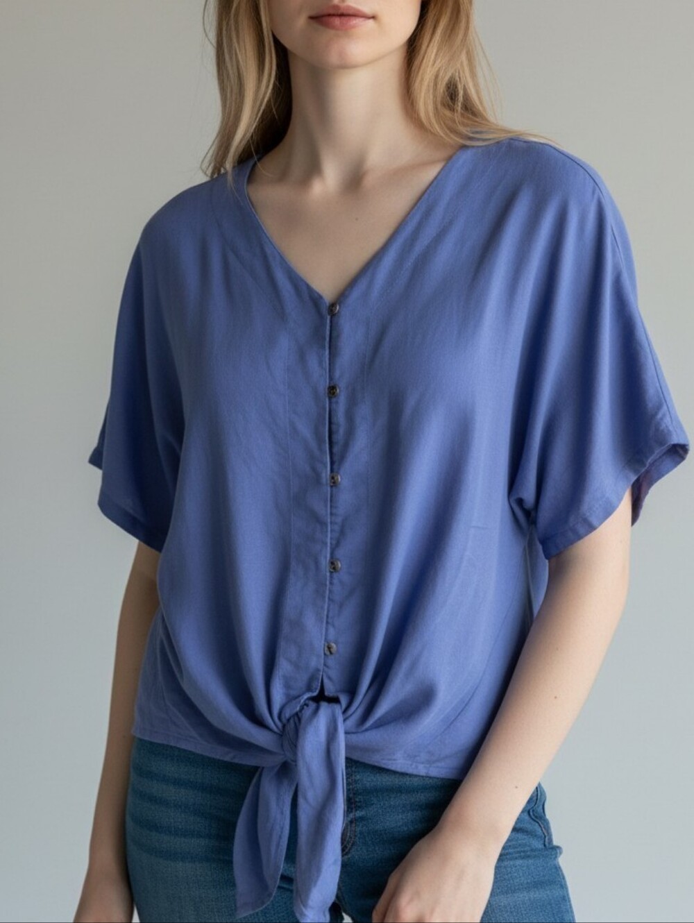 Anne Klein Linen Blend Tie-Front V-Neck Button Top in Periwinkle Blue Womens L